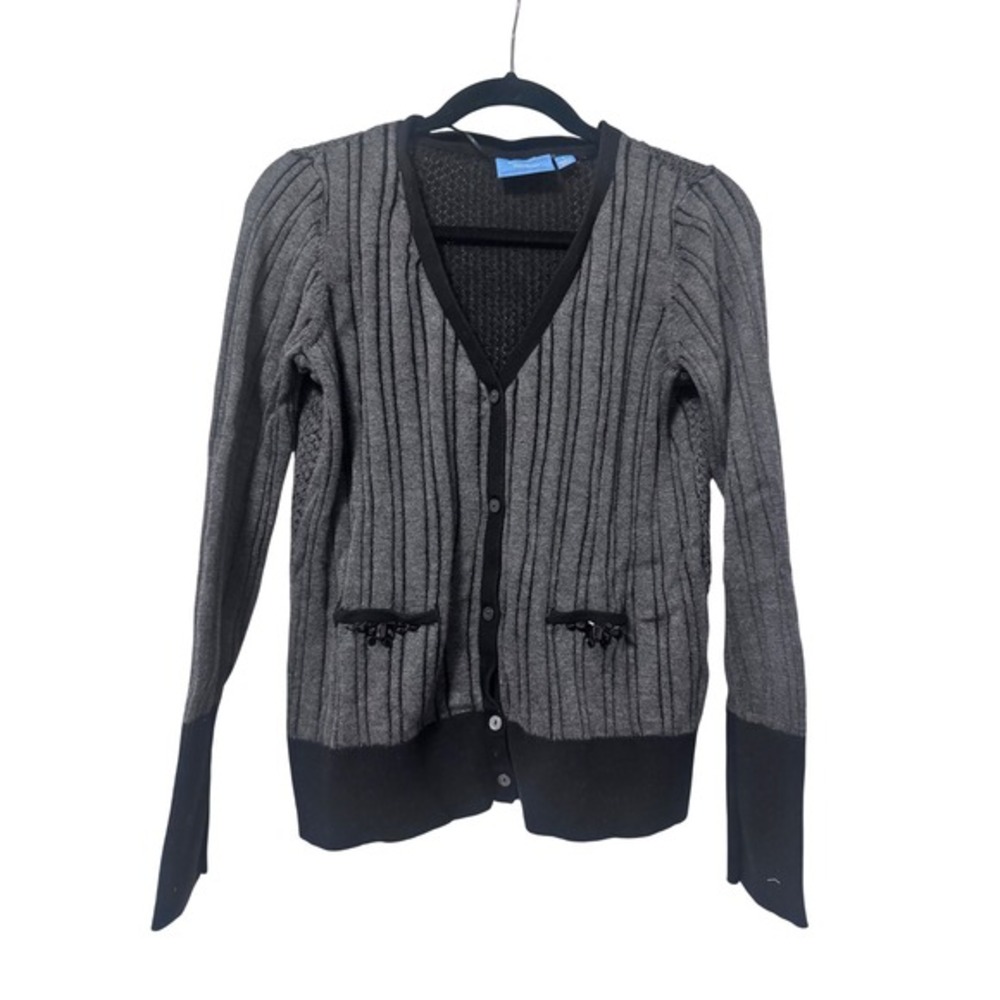 Simply Vera Wang Cardigan Swter L Gray/Black Ribbed Embellished Y2K‎ Cottagecore